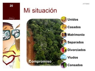 Mi situación
Compromiso
Unidos
Casados
Matrimonio
Separados
Divorciados
Viudos
Cansados
21/7/2023
20
 