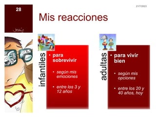 Mis reacciones
infantiles
• para
sobrevivir
• según mis
emociones
• entre los 3 y
12 años
adultas
• para vivir
bien
• según mis
opciones
• entre los 20 y
40 años, hoy
28
21/7/2023
 