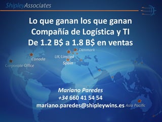 Mariano Paredes
+34 660 41 54 54
mariano.paredes@shipleywins.es
Spain
Lo que ganan los que ganan
Compañía de Logística y TI
De 1.2 B$ a 1.8 B$ en ventas
 