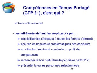 12
Notre fonctionnement
> Les adhérents visitent les employeurs pour :
8 sensibiliser les décideurs à toutes les formes d’emplois
8 écouter les besoins et problématiques des décideurs
8 qualifier les besoins et construire un profil de
compétences
8 rechercher le bon profil dans le périmètre de CTP 21
8 présenter la ou les personnes sélectionnées
Compétences en Temps Partagé
(CTP 21), c’est qui ?
 