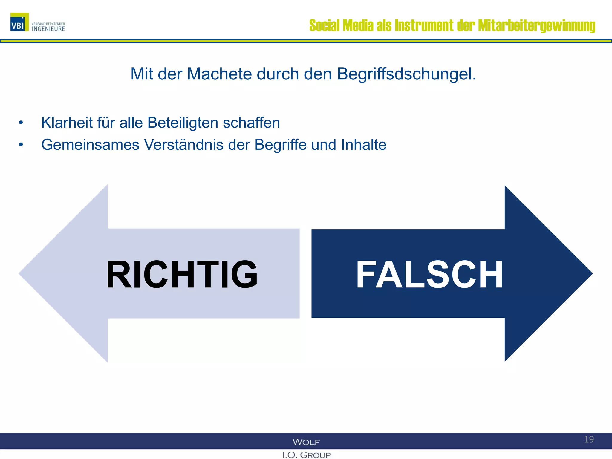 Social Media als Instrument der Mitarbeitergewinnung
Mit der Machete durch den Begriffsdschungel.
• Klarheit für alle Beteiligten schaffen
• Gemeinsames Verständnis der Begriffe und Inhalte
RICHTIGRICHTIG FALSCHFALSCH
19
 