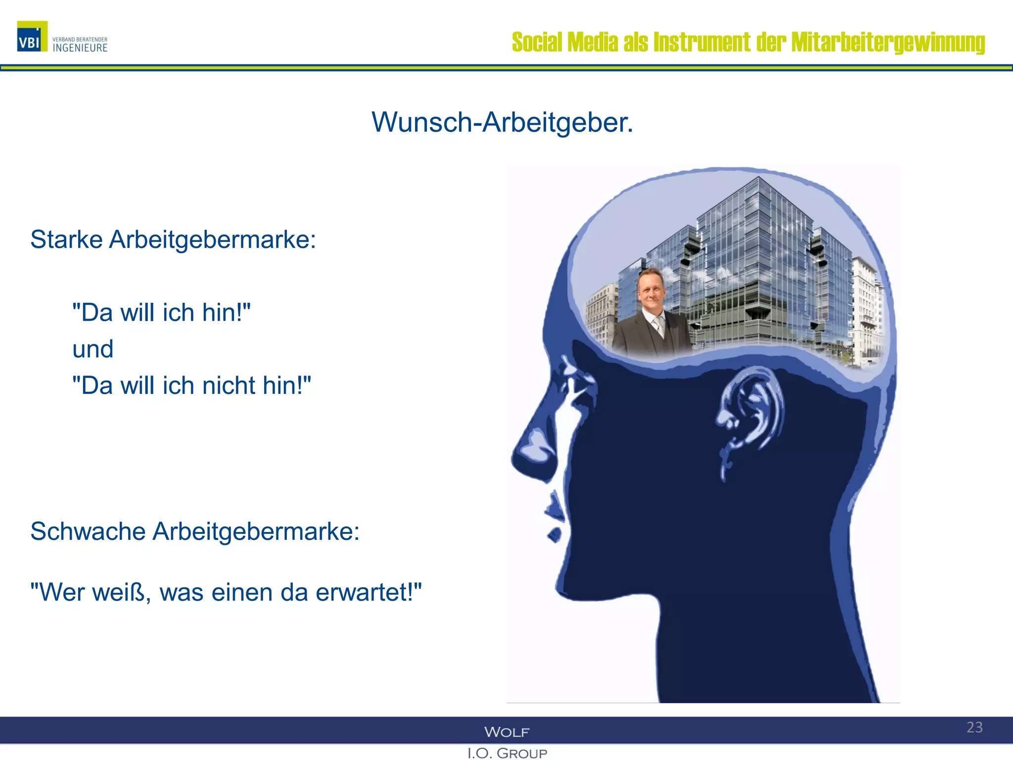 Social Media als Instrument der Mitarbeitergewinnung
Wunsch-Arbeitgeber.
Starke Arbeitgebermarke:
"Da will ich hin!"
und
"Da will ich nicht hin!"
Schwache Arbeitgebermarke:
"Wer weiß, was einen da erwartet!"
23
 