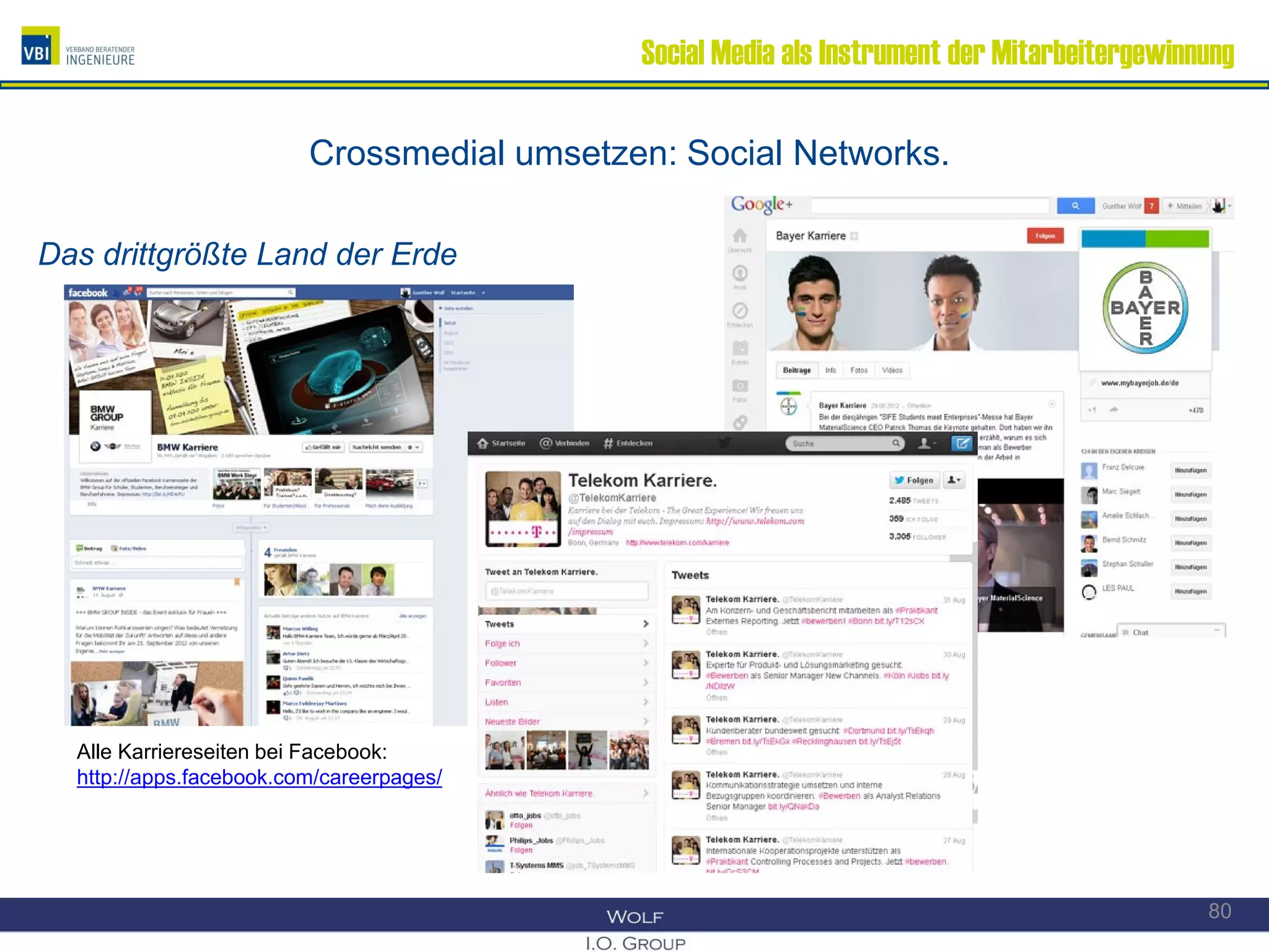 Social Media als Instrument der Mitarbeitergewinnung
Crossmedial umsetzen: Social Networks.
Das drittgrößte Land der Erde
80
Alle Karriereseiten bei Facebook:
http://apps.facebook.com/careerpages/
 
