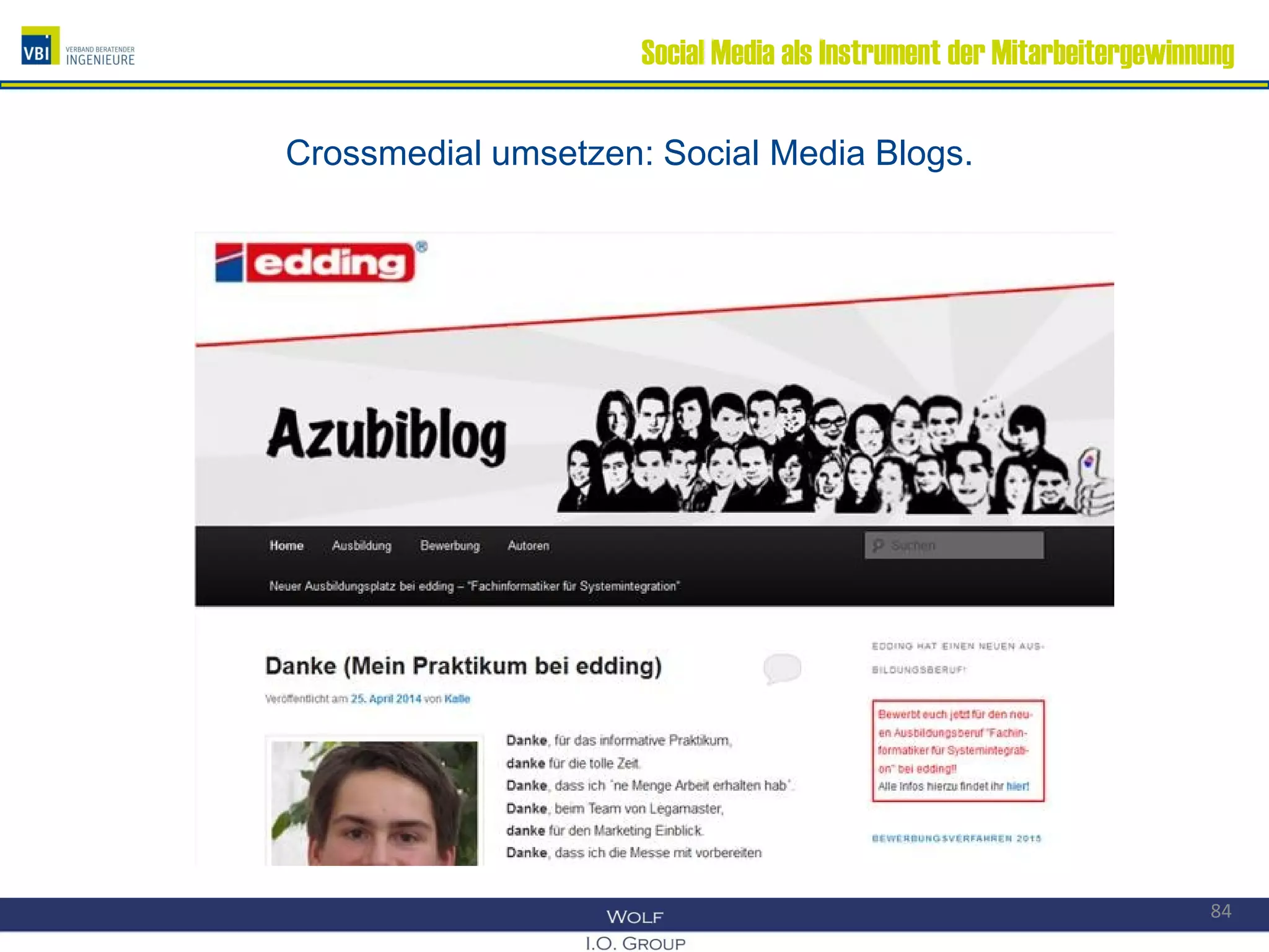 Social Media als Instrument der Mitarbeitergewinnung
Crossmedial umsetzen: Social Media Blogs.
84
 