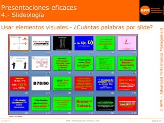 APM–AdvancedPerformanceManagement
APM
Advanced
Performance
Management
APM
página 1012.10.13 APM – Presentaciones eficaces v100
Presentaciones eficaces
4.- Slideología
Usar elementos visuales.- ¿Cuántas palabras por slide?
Fuente: Tom Peters
 