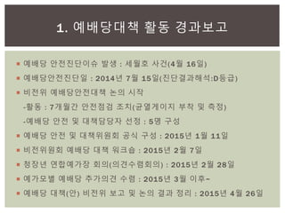  예배당 안전진단이슈 발생 : 세월호 사건(4월 16일)
 예배당안전진단일 : 2014년 7월 15일(진단결과해석:D등급)
 비전위 예배당안전대책 논의 시작
-활동 : 7개월간 안전점검 조치(균열게이지 부착 및 측정)
-예배당 안전 및 대책담당자 선정 : 5명 구성
 예배당 안전 및 대책위원회 공식 구성 : 2015년 1월 11일
 비전위원회 예배당 대책 워크숍 : 2015년 2월 7일
 청장년 연합예가장 회의(의견수렴회의) : 2015년 2월 28일
 예가모별 예배당 추가의견 수렴 : 2015년 3월 이후~
 예배당 대책(안) 비전위 보고 및 논의 결과 정리 : 2015년 4월 26일
1. 예배당대책 활동 경과보고
 