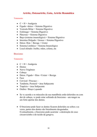 16
Artrite, Osteoartrite, Gota, Artrite Reumática
Tratamento
• C + H = Analgesia
• Fígado =detox = Sistema Digestivo
• Vesícula Biliar = Sistema Digestivo
• Estômago = Sistema Digestivo
• Pâncreas = Sistema Digestivo
• Baço (sistema imunológico) = Sistema Digestivo
• Intestino Delgado / Grosso = Sistema Digestivo
• Detox: Rim + Bexiga + Ureter
• Sistema Linfático = Sistema Imunológico
• Local afetado: Joelho, mãos, coluna, etc
Bruxismo
Tratamento
• C + H = Analgesia
• Dentes
• Nervo Trigêmeo
• Cabeça
• Detox: Fígado + Rins +Ureter + Bexiga
• Face
• Cervical / Pescoço –
• Tendinite, Postural = área Subjacente
• Trapézio = área Subjacente
• Ombro / Braço ( quando
• Se vc acorda e os músculos da sua mandíbula estão doloridos ou com
dor de cabeça, vc pode estar sofrendo de bruxismo - um ranger ou
um forte apertar dos dentes.
• O bruxismo pode fazer os dentes ficarem doloridos ou soltos e as
vezes, partes dos dentes são literalmente desgastados.
Eventualmente, o bruxismo pode acarretar a destruição do osso
circunvizinho e do tecido da gengiva.
 
