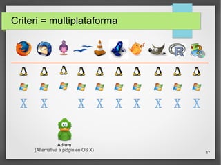 37
Criteri = multiplataforma
Adium
(Alternativa a pidgin en OS X)
 