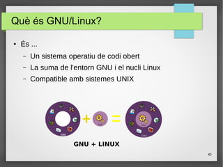45
Què és GNU/Linux?
● És ...
– Un sistema operatiu de codi obert
– La suma de l'entorn GNU i el nucli Linux
– Compatible amb sistemes UNIX
GNU + LINUX
 