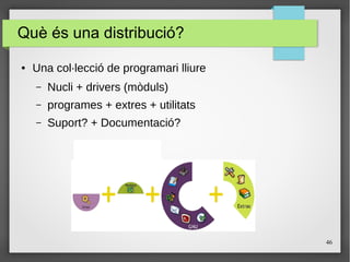 46
Què és una distribució?
● Una col·lecció de programari lliure
– Nucli + drivers (mòduls)
– programes + extres + utilitats
– Suport? + Documentació?
 