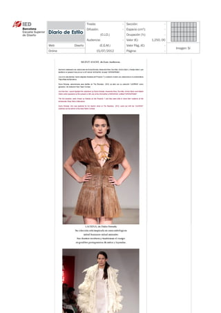 Tirada:                - Sección:                  -
             Difusión:              - Espacio (cm ):
                                                   2
                                                                -
                         (O.J.D.)     Ocupación (%):            -
             Audiencia:             - Valor (€):        1.250, 00
WebDiseño               (E.G.M.)     Valor Pág. (€):           -
                                                                    Imagen: Sí
Online                 15/07/2012     Página:                   -
 