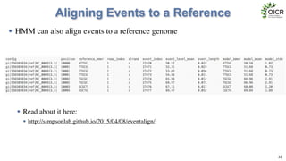 Aligning Events to a Reference
• HMM can also align events to a reference genome 
 
!
!
!
!
!
• Read about it here:	

• http://simpsonlab.github.io/2015/04/08/eventalign/
33
 