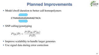 Planned Improvements
• Model dwell duration to better call homopolymers	

!
!
!
• SNP calling/genotyping	

!
!
!
• Improve scalability to handle larger genomes	

• Use signal data during error correction
34
CTAAAAAAAAAAAAGTACA
P(gi|D) =
P(D|gi)P(gi)
P(D)
 