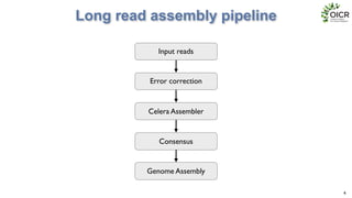 Long read assembly pipeline
4
Error correction
Celera Assembler
Consensus
Input reads
Genome Assembly
 