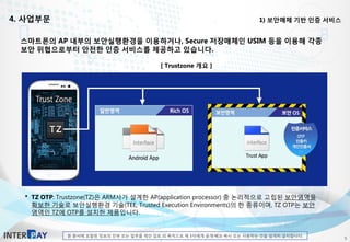 본 문서에 포함된 정보의 전부 또는 일부를 제안 검토 외 목적으로 제 3자에게 공개·배포·복사 또는 사용하는 것을 엄격히 금지합니다.
4. 사업부문 1) 보안매체 기반 인증 서비스
5
스마트폰의 AP 내부의 보안실행환경을 이용하거나, Secure 저장매체인 USIM 등을 이용해 각종
보안 위협으로부터 안전한 인증 서비스를 제공하고 있습니다.
* TZ OTP: Trustzone(TZ)은 ARM사가 설계한 AP(application processor) 중 논리적으로 고립된 보안영역을
확보한 기술로 보안실행환경 기술(TEE, Trusted Execution Environments)의 한 종류이며, TZ OTP는 보안
영역인 TZ에 OTP를 설치한 제품입니다.
[ Trustzone 개요 ]
 