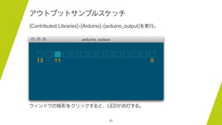 21
アウトプットサンプルスケッチ
[Contributed Libraries]-[Arduino]-[arduino_output]を実行。
ウィンドウの矩形をクリックすると、LEDが点灯する。
13 011
 
