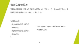 59
音がなる仕組み
可聴域の周波数（20Hzから2万Hz(20kHz)）でスピーカーをon/oﬀすると、振
動板が空気を振るわせ、音として聞こえる。
void loop() {
digitalWrite(13, HIGH);
delay(5);
digitalWrite(13, LOW);
delay(5);
}
0.01秒周期でHigh/Lowが繰り返される。
周波数100Hz
 
