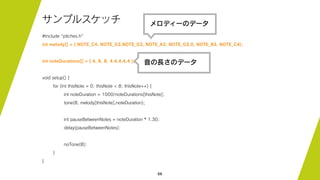 66
サンプルスケッチ
#include "pitches.h"
int melody[] = { NOTE_C4, NOTE_G3,NOTE_G3, NOTE_A3, NOTE_G3,0, NOTE_B3, NOTE_C4};
int noteDurations[] = { 4, 8, 8, 4,4,4,4,4 };
void setup() {
for (int thisNote = 0; thisNote < 8; thisNote++) {
int noteDuration = 1000/noteDurations[thisNote];
tone(8, melody[thisNote],noteDuration);
int pauseBetweenNotes = noteDuration * 1.30;
delay(pauseBetweenNotes);
noTone(8);
}
}
メロディーのデータ
音の長さのデータ
 