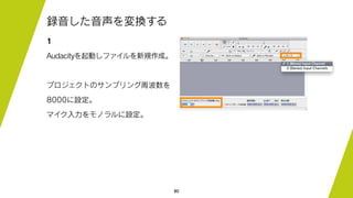 80
録音した音声を変換する
1
Audacityを起動しファイルを新規作成。
プロジェクトのサンプリング周波数を
8000に設定。
マイク入力をモノラルに設定。
 