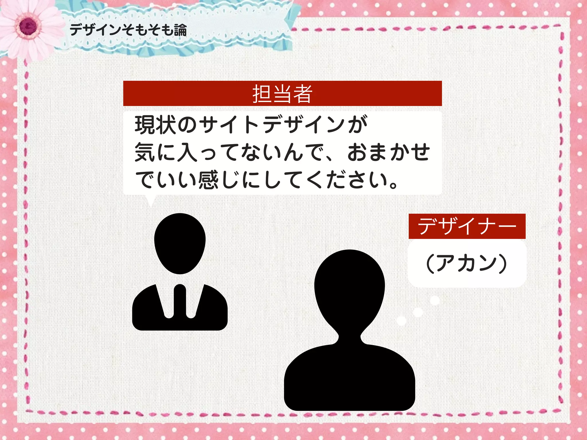現状のサイトデザインが
気に入ってないんで、おまかせ
でいい感じにしてください。
担当者
デザインそもそも論
(アカン)
デザイナー
 