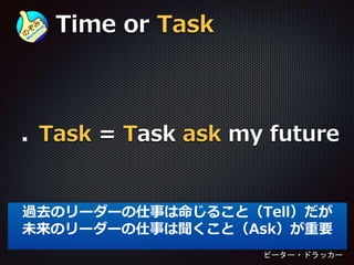 Time or Task
Task = Task ask my future
過去のリーダーの仕事は命じること（Tell）だが
未来のリーダーの仕事は聞くこと（Ask）が重要
ピーター・ドラッカー
 