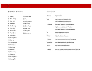 Market Area: 26 Provinces
Blog http://haadgroup.blogspot.com/
http://haaddesign.blogspot.com/
Facebook
Twitter https://twitter.com/haadvn
Youtube http://www.youtube.com/user/haadgroup
http://www.slideshare.net/haadoffice
http://issuu.com/haadgroup/
http://vn.linkedin.com/pub/haad-group/41/601/36
Slideshare
Issuu
Linkedin
Website http://haad.vn
Social Network
http://www.facebook.com/haaddesign
http://www.facebook.com/haad.vn
http://www.facebook.com/haad.edesign
G+ https://plus.google.com/u/0/
1. Hanoi
2. Bac Giang
3. Bac Ninh
4. Ha Nam
5. Hai Duong
6. Hoa Binh
7. Hung Yen
8. Nam Đinh
9. Ninh Binh
10. Quang Ninh
11. Son La
12. Thai Nguyen
13. Vinh phuc
14. Đa Nang
15. Ha Tinh
16. Khanh Hoa
17. Nghe An
18. Quang Binh
19. Quang Tri
20. Thanh Hoa
21. Hue
22. Ho Chi Minh
23. An Giang
24. Binh Phuoc
25. Can Tho
26. Đong Nai
26. Vinh Long
 