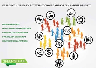 DE NIEUWE kennis- en netwerkeconomie VRAAGt een ANDERE MINDSET
ondernemerschap
maatschappelijke meerwaarde
constructief samenwerken
stakeholder engagement
Nieuwe partijen & partners
 