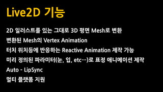 Live2D 기능
2D 일러스트를 있는 그대로 3D 평면 Mesh로 변환
변환된 Mesh의 Vertex Animation
터치 위치등에 반응하는 Reactive Animation 제작 가능
미리 정의된 파라미터(눈, 입, etc…)로 표정 애니메이션 제작
Auto – LipSync
멀티 플랫폼 지원
 