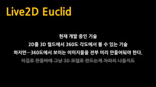 Live2D Euclid
현재 개발 중인 기술
2D를 3D 월드에서 360도 각도에서 볼 수 있는 기술
하지만…360도에서 보이는 이미지들을 전부 미리 만들어둬야 한다.
이걸로 만들바에 그냥 3D 모델로 만드는게 차라리 나을지도
 