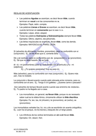 REGLAS DE ACENTUACIÓN
Las palabras Agudas se acentúan, es decir llevan tilde, cuando
,
terminan en vocal o en las consonantes n o s.
Ejemplos: Papá, ratón, compás.
Las palabras Llanas o Graves se acentúan, es decir llevan tilde,
cuando terminan en consonante que no sea n o s.
Ejemplos: López, árbol, césped.
Todas las palabras Esdrújulas y Sobreesdrújulas siempre llevan tilde.
Ejemplos: Último, séptimo, devuélvemelo.
:
Las letras mayúsculas se acentúan, llevan tilde, como las demás.
,
Ejemplos: MAYÚSCULAS, PARÍS, LEÓN.

Sí (adverbio de afirmación, nombre, pronombre), para no confundirlo con si
pronombre),
(conjunción). Ej.: Si me dices que sí, comerás tarta.
e
Dé y sé (verbos), para no confundirlos con de (preposición) y se (pronombre).
Ej.: Sé que no debo hacerlo. No se hace
él - tú - mi (pronombres) para no confundirlos con el (artículo) y tu - mi
(adjetivos).
Ej.: ¿Tú quieres caramelos Eso es para mí.
caramelos?
Más (adverbio), para no confundirlo con mas (conjunción). Ej.: Quiero más
pan, mas no tostado.
La conjunción o llevará acento cuando esté c locada entre números, para no
colocada
confundirla con el cero. Ej.: Tengo 5 ó 6 galletas.- ¿Quieres carne o pescado?
Aún (adverbio de tiempo) llevará acento cuando sea sinónimo de «todavía».
Ej.: Tu padre no ha llegado aún a casa.
Los monosílabos, en general, no llevan tilde, porque no es necesario
,
saber cual es la sílaba tónica, únicamente utilizan la tilde diacrítica
diacrítica.
Ejemplos: Fe, ten, tos, té (infusión), te (pronombre), sé (verbo) se
(verbo),
(pronombre).
Los monosílabos verbales fue, fui, vio y dio se escribirán sin acento ortog
ortográfico.
Ej.: Juan fue al parque, vio los leones y después dio un largo paseo.
Los infinitivos de los verbos terminados en oir o eir llevan tilde.
Ejemplos: Oír, desoír, freír.
r,

ACLYS FORMACIÓN
96 380 57 02

C/ DIBUJANTE MANUEL GAGO 2 BA - 46018 - VALENCIA
ANTE
BAJO

 
