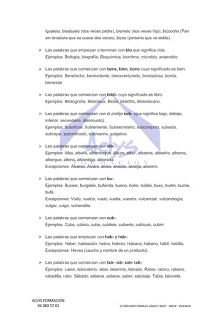 iguales), bisabuelo (dos veces padre), bisnieto (dos veces hijo), bizcocho (Pan
sin levadura que se cuece dos veces), bizco (persona que ve doble).
(persona
Las palabras que empiezan o terminan con bio que significa vida.
Ejemplos: Biología, biografía, Bioquímica, biorritmo, microbio, anaerobio.
microbio,
Las palabras que comienzan con bene, bien, bono cuyo signifi
significado es bien.
Ejemplos: Benefactor, benevolente, bienaventurado, bondadosa, bonita,
bienestar.
Las palabras que comienzan con bibli- cuyo significado es libro.
Ejemplos: Bibliografía, Biblioteca, Biblia, bibliófilo, Bibliotecario.
bibliófilo,
Las palabras que co
comienzan con el prefijo sub- (que significa bajo, debajo,
inferior, secundario, disminuido).
Ejemplos: Suboficial, Subteniente, Subsecretario, subconjunto, subasta,
subrayar, subordinado, subm
submarino, subjetivo.
Las palabras que comienzan con alb-.
Ejemplos: Alba, albañil, albaricoque, álbum, albur, albatros, albedrío, alberca,
os:
albergue, albino, albóndiga, alborada.
Excepciones: Álvarez, Álvaro, álveo, alveolo, alverj alveario.
alverja,
Las palabras que comienzan con bu-.
Ejemplos: Bucear, burgalés bufanda, bueno, búho, búfalo, buey, buitre, buche,
burgalés,
bufé.
Excepciones: Vudú, vuelco, vuelo, vuelta, vuestro, vulcanizar, vulcanologí
vulcanología,
vulgar, vulgo, vulnerable.
Las palabras que comienzan con cub-.
Ejemplos: Cubo, cúbico, cuba, cubilete, cubierto, cubículo, cubrir.
Las palabras que empiezan con hab- y heb-.
Ejemplos: Haber, habitación, hebra, hebreo, Habana, habano, hábil, hebilla.
Excepciones: Hevea (caucho y nombre de un producto).
Las palabras que comienzan con lab- rab- sab- tab-.
Ejemplos: Labor, laboratorio, labio, laberinto, labrado. Rabia, rabino, rábano,
rabadilla, rabo. Sábado, sábana, sabana, saber, sabotaje. Tabla, taburete,

ACLYS FORMACIÓN
96 380 57 02

C/ DIBUJANTE MANUEL GAGO 2 BA - 46018 - VALENCIA
ANTE
BAJO

 