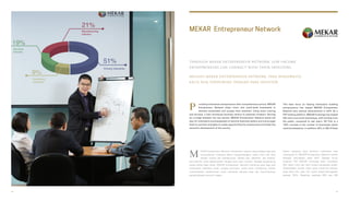 MEKAR Entrepreneur Network
roviding Indonesian entrepreneurs with comprehensive service, MEKAR
Entrepreneur Network helps micro and small-scale businesses to
develop sustainably and surpass their potential. Using tools, training
and services, it also introduces business owners to potential investors. Serving
as a bridge between the two parties, MEKAR Entrepreneur Network paves the
way for Indonesia’s businesspeople to become business leaders and encourages
them to use their strengths to create opportunities for employment and foster the
economic development of the country.
EKAR Entrepreneur Network memberikan layanan yang lengkap bagi para
wirausahawan Indonesia dalam mengembangkan usaha mikro dan kecil
dengan sukses dan berkelanjutan. Melalui alat, pelatihan, dan layanan,
para pemilik usaha diperkenalkan dengan para calon investor. Sebagai penghubung
antara kedua belah pihak, MEKAR Entrepreneur Network membuka jalan bagi para
wiraswasta Indonesia untuk menjadi pemimpin usaha serta mendorong mereka
memanfaatkan kelebihannya untuk membuka peluang kerja dan menumbuhkan
pengembangan ekonomi negara.
M
This keen focus on helping Indonesia’s budding
entrepreneurs has helped MEKAR Entrepreneur
Network earn several achievements in 2014. As a
P2P lending platform, MEKAR Exchange has helped
434 micro and small businesses, with funding from
the public, compared to last year’s 197. This is a
120% increase in the number of businesses which
received assistance. In addition, 60% or 260 of these
Dalam upayanya yang berfokus membantu para
wiraswasta ini, MEKAR Entrepreneur Network meraih
berbagai pencapaian pada 2014. Sebagai forum
pinjaman P2P, MEKAR Exchange telah membantu
434 usaha mikro dan kecil melalui pendanaan publik.
Dibandingkan jumlah usaha yang menerima bantuan
pada tahun lalu, yaitu 197 usaha, terjadi peningkatan
sebesar 120%. Hebatnya, sebanyak 60% atau 260
MELALUI MEKAR ENTERPRENEUR NETWORK, PARA WIRASWASTA
KECIL BISA TERHUBUNG DENGAN PARA INVESTOR
THROUGH MEKAR ENTREPRENEUR NETWORK, LOW-INCOME
ENTREPRENEURS CAN CONNECT WITH THEIR INVESTORS
P
44 45
 