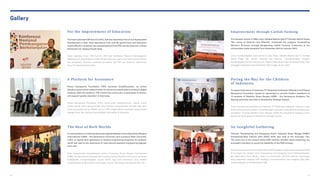 Gallery
The Best of Both Worlds
A memorandum of understanding was signed between Universitas Siswa Bangsa
Internasional (USBI) – the Sampoerna University and Louisiana State University
(LSU), to signify their agreement to develop engineering programs for students
which will lead to the attainment of international-standard engineering degrees
from LSU.
A Platform for Assistance
Putera Sampoerna Foundation (PSF) launched Give2Education, an online
donation portal which makes it easier for donors to extend help to underprivileged
students. With this platform, PSF invited the community to participate as donors
and support quality education in Indonesia.
Putera Sampoerna Foundation (PSF) meluncurkan Give2Education, sebuah portal
donasi daring yang mempermudah para donatur menyampaikan bantuan bagi para
siswa kurang beruntung. Melalui situs ini, PSF mengundang masyarakat berpartisipasi
sebagai donor dan mendukung pendidikan berkualitas di Indonesia.
Nota kesepahaman ditandatangani antara Universitas Siswa Bangsa Internasional
(USBI)–the Sampoerna University dan Louisiana State University (LSU) untuk menandai
kesepakatan mengembangkan jurusan teknik bagi para mahasiswa yang setelah
menyelesaikan studinya akan meraih gelar insinyur berstandar internasional dari LSU.
Empowerment through Catfish Farming
An Insightful Gathering
To empower women in West Java, Sahabat Wanita with PT Sumber AlfariaTrijaya
Tbk, owner of Alfamart and Alfamidi, introduced the program Empowering
Women’s Economy through Sangkuriang Catfish Farming. Customers of the
minimarkets made donations from December 2013 to January 2014.
Untuk memberdayakan para wanita di Jawa Barat, Sahabat Wanita dan PT Sumber
Alfaria Trijaya Tbk, pemilik Alfamart dan Alfamidi, memperkenalkan Program
Pemberdayaan Ekonomi Perempuan melalui Usaha Budi Daya Lele Sangkuriang. Para
pelanggan berdonasi mulai Desember 2013 hingga Januari 2014.
For the Improvement of Education
The East Indonesia CSR Summit 2014, with the Indonesian Summit of Sustainable
Development in Bali, drew attendance from over 60 government and education
board officials, including nine representatives from PSF and the Governor of East
Kalimantan Dr. Awang Faroek Ishak.
Acara Indonesia Timur CSR Summit 2014 dan Konferensi Nasional Pembangunan
Berkelanjutan yang diadakan di Bali dihadiri lebih dari enam puluh tokoh pemerintahan
dan pendidikan, termasuk sembilan perwakilan dari PSF dan Gubernur Kalimantan
Timur Dr. Awang Faroek Ishak.
Themed “Empowering and Equipping Youth”, Koperasi Siswa Bangsa (KSB)’s
Entrepreneurship Festival 2014 (EFES 2014) was held at the Kuningan City.
The event put in the picture about KSB member benefits while presenting the
successful members to prove the feasibility of the KSB concept.
Acara Entrepreneuship Festival 2014 (EFES 2014) diadakan Koperasi Siswa Bangsa (KSB)
di Kuningan City dengan tema Empowering and Equipping Youth (‘Memberdayakan
dan Membekali Kaum Muda’). Acara ini memberikan informasi seputar keuntungan
yang didapatkan anggota KSB sekaligus memperkenalkan para anggota yang telah
sukses sebagai bukti keberhasilan KSB.
Paving the Way for the Children
of Indonesia
To support education in Indonesia, PT Pelabuhan Indonesia I (Pelindo I) and Putera
Sampoerna Foundation signed an agreement to provide student assistance to
15 students of Akademi Siswa Bangsa (ASBI) – the Sampoerna Academy. The
signing ceremony was held at Sampoerna Strategic Square.
Untuk mendukung pendidikan di Indonesia, PT Pelabuhan Indonesia I (Pelindo I) dan
Putera Sampoerna Foundation menandatangani perjanjian yang mendukung kelanjutan
pendidikan 15 siswa Akademi Siswa Bangsa (ASBI)–the Sampoerna Academy. Acara
peresmian berlangsung di Sampoerna Strategic Square.
76 77
 