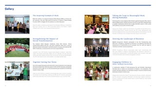 Gallery
Together Saving Our Teens
One of the largest Indonesia’s bank held its 4th Unite for Education event adopting
the theme Football Fever.With the support of PSF andTNT Indonesia, participants
took part in the fun walk, fun run and automatically gave donations to benefit the
mission of Save aTeen.
Strengthening the Impact of
Social Transformation
The Koperasi Siswa Bangsa’s Leadership Camp 2014 themed, “Social
Transformation Begins with You,” was held in Sukabumi, West Java. A total of
180 future leaders participated in activities aimed to introduce and instill the PSF
DNA of leadership, entrepreneurship and social responsibilities.
Leadership Camp 2014 diadakan Koperasi Siswa Bangsa di Sukabumi, Jawa Barat,
dengan tema Social Transformation Begins with You. Sebanyak 180 calon pemimpin
berpartisipasi dalam kegiatan yang bertujuan menanamkan nilai-nilai yang dikembangkan
oleh PSF, yakni kepemimpinan, kewirausahaan, dan tanggung jawab sosial.
Salah satu bank terbesar di Indonesia menyelenggarakan acara United for Education
ke-4 dengan tema Football Fever. Didukung oleh PSF dan TNT Indonesia, para peserta
berpartisipasi dalam jalan dan lari santai sekaligus berdonasi untuk misi Save a Teen.
The Inspiring Example of Ahok
Altering the Landscape of Business
Engaging Children in
After-School Activities
Meet the Leaders is a project by Koperasi Siswa Bangsa (KSB) to provide real-
life inspiration. This year, KSB invited the Governor of Jakarta Ir. Basuki Tjahaja
Purnama, M.M. to engage with the audience in a lively discussion.
MEKAR Entrepreneur Network participated in the first Crowdfunding Asia
2014 held in Singapore. Organized by Phoenixict, the gathering discussed the
development of crowdfunding as an ecosystem that can meet the needs of
individuals and their business aspirations.
A collaboration between PT HM Sampoerna Tbk and PSF-SDO, After-School
Activities aims to reduce the involvement of children in the plantations. This
program has been adopted in six elementary schools in Central Lombok and four
elementary schools in Central Java.
Meet the Leaders merupakan proyek Koperasi Siswa Bangsa (KSB) yang menghadirkan
para tokoh inspiratif. Tahun ini, KSB mengundang Gubernur DKI Jakarta Ir. Basuki
Tjahaja Purnama, M.M. untuk berdiskusi bersama para tamu.
MEKAR Entrepreneur Network berpartisipasi dalam acara Crowdfunding Asia
2014 yang diadakan di Singapura. Diselenggarakan oleh Phoenixict, pertemuan ini
mendiskusikan pengembangan crowdfunding sebagai suatu ekosistem yang dapat
memenuhi kebutuhan para individual serta gagasan usahanya.
Sebagai bentuk kerja sama antara PT HM Sampoerna Tbk dan PSF-SDO, After-School
Activities bertujuan mengurangi keterlibatan anak-anak dalam kegiatan perkebunan.
Program ini dilaksanakan di enam sekolah dasar di Lombok Tengah dan empat sekolah
dasar di Jawa Tengah.
Taking the Leap to Meaningful Work
during Ramadan
Partnering with a local magazine, Bait Al-Kamil organized tausiyah office visits to
Menara Mega Syariah, InHealth Insurance and XXI Lounge. With Ustad Budi Essa
as speaker, participants learned how to apply Ramadan values in office works
while getting to know with productive zakat.
Bekerja sama dengan majalah lokal, Bait Al-Kamil mengadakan tausiyah keliling kantor
ke Menara Mega Syariah, InHealth Insurance, dan XXI Lounge. Menghadirkan Ustaz
Budi Essa sebagai pembicara, para peserta belajar bagaimana mempraktikkan nilai-nilai
Ramadan di kehidupan kantor sekaligus berkenalan dengan zakat produktif.
78 79
 