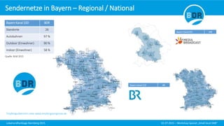 Lokalrundfunktage Nürnberg 2015 01.07.2015 – Workshop Spezial „Small local DAB“
Sendernetze in Bayern – Regional / National
Bayern Kanal 10D BDR
Standorte 26
Autobahnen 97 %
Outdoor (Einwohner) 90 %
Indoor (Einwohner) 58 %
Bayern Kanal 11D BR
Quelle: BLM 2015
Bayern Kanal 05C MB
Empfangsübersicht unter www.empfangsprognose.de
 