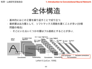 相澤・山崎研究室勉強会
全体構造
• 基本的にはこの２層を繰り返すことで成り立つ．
• 最終層は出力層として，ソフトマックス関数を置くことが多い(分類
問題の場合)
• そこにいたるいくつかの層はフル接続とすることが多い．
44
1. Introduction to Convolutional Neural Network
LeNet-5 [LeCun, 1998]
 