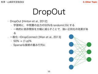 相澤・山崎研究室勉強会
DropOut
• DropOut [Hinton et al., 2012]
• 学習時に，中間層の出力の50%をrandomに0にする
• 一時的に依存関係を大幅に減らすことで，強い正則化の効果があ
る
• 一般化→DropConnect [Wan et al., 2013]
• 50% -> (1-p)%
• Sparseな接続の重み行列に
58
3. Other Topic
 