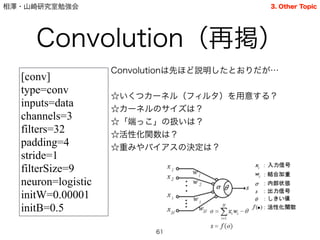 相澤・山崎研究室勉強会
Convolutionは先ほど説明したとおりだが…
!
☆いくつカーネル（フィルタ）を用意する？
☆カーネルのサイズは？
☆「端っこ」の扱いは？
☆活性化関数は？
☆重みやバイアスの決定は？
Convolution（再掲）
61
[conv]
type=conv
inputs=data
channels=3
filters=32
padding=4
stride=1
filterSize=9
neuron=logistic
initW=0.00001
initB=0.5
3. Other Topic
 