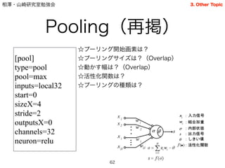 相澤・山崎研究室勉強会
☆プーリング開始画素は？
☆プーリングサイズは？（Overlap）
☆動かす幅は？（Overlap）
☆活性化関数は？
☆プーリングの種類は？
Pooling（再掲）
62
[pool]
type=pool
pool=max
inputs=local32
start=0
sizeX=4
stride=2
outputsX=0
channels=32
neuron=relu
3. Other Topic
 