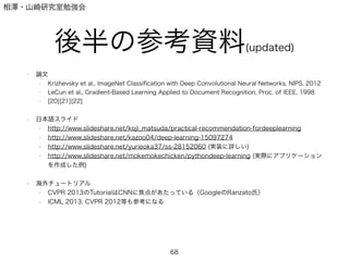 相澤・山崎研究室勉強会
後半の参考資料(updated)
• 論文
• Krizhevsky et al., ImageNet Classiﬁcation with Deep Convolutional Neural Networks, NIPS, 2012
• LeCun et al., Gradient-Based Learning Applied to Document Recognition, Proc. of IEEE, 1998
• [20][21][22]
!
• 日本語スライド
• http://www.slideshare.net/koji_matsuda/practical-recommendation-fordeeplearning
• http://www.slideshare.net/kazoo04/deep-learning-15097274
• http://www.slideshare.net/yurieoka37/ss-28152060 (実装に詳しい)
• http://www.slideshare.net/mokemokechicken/pythondeep-learning (実際にアプリケーション
を作成した例)
!
• 海外チュートリアル
• CVPR 2013のTutorialはCNNに焦点があたっている（GoogleのRanzato氏）
• ICML 2013, CVPR 2012等も参考になる
68
 