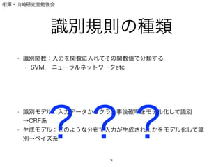 相澤・山崎研究室勉強会
識別規則の種類
• 識別関数：入力を関数に入れてその関数値で分類する
• SVM, ニューラルネットワークetc
!
!
!
!
• 識別モデル：入力データからクラス事後確率をモデル化して識別
→CRF系
• 生成モデル：どのような分布で入力が生成されたかをモデル化して識
別→ベイズ系
7
？？？
 