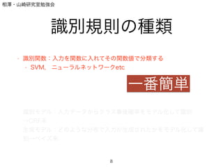相澤・山崎研究室勉強会
識別規則の種類
• 識別関数：入力を関数に入れてその関数値で分類する
• SVM, ニューラルネットワークetc
!
!
!
!
• 識別モデル：入力データからクラス事後確率をモデル化して識別
→CRF系
• 生成モデル：どのような分布で入力が生成されたかをモデル化して識
別→ベイズ系
8
一番簡単
 