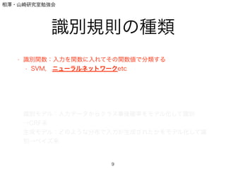 相澤・山崎研究室勉強会
識別規則の種類
• 識別関数：入力を関数に入れてその関数値で分類する
• SVM, ニューラルネットワークetc
!
!
!
!
• 識別モデル：入力データからクラス事後確率をモデル化して識別
→CRF系
• 生成モデル：どのような分布で入力が生成されたかをモデル化して識
別→ベイズ系
9
 