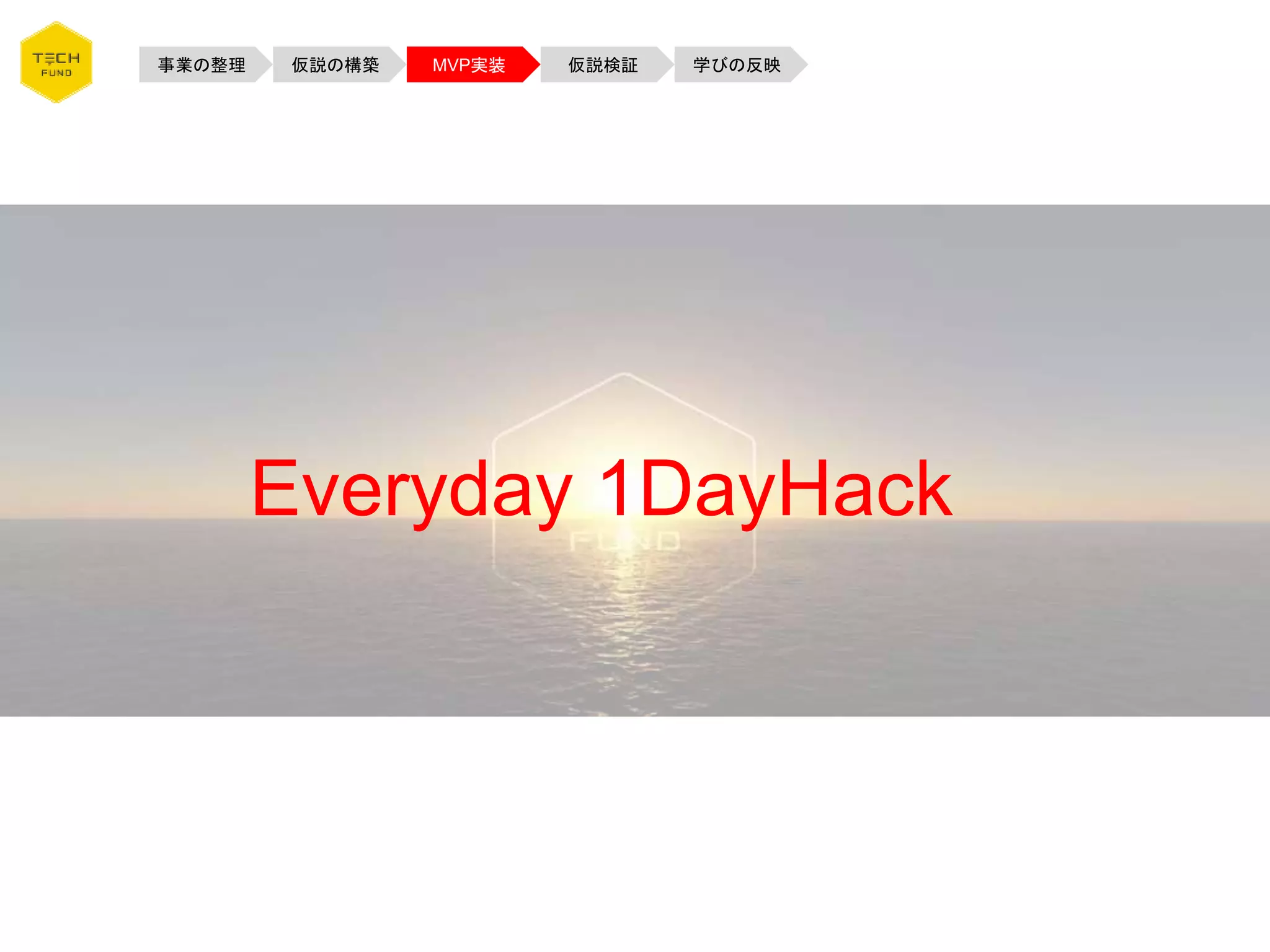 事業の整理 仮説の構築 MVP実装 仮説検証 学びの反映
Everyday 1DayHack
 