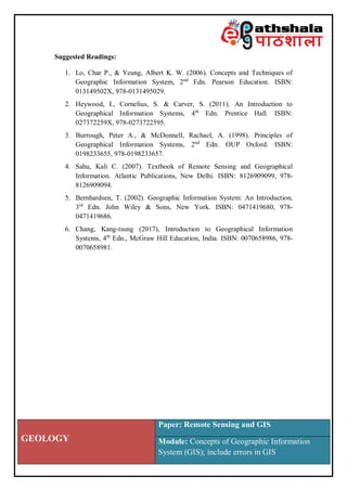 GEOLOGY
Paper: Remote Sensing and GIS
Module: Concepts of Geographic Information
System (GIS); include errors in GIS
Suggested Readings:
1. Lo, Char P., & Yeung, Albert K. W. (2006). Concepts and Techniques of
Geographic Information System, 2nd
Edn. Pearson Education. ISBN:
013149502X, 978-0131495029.
2. Heywood, I., Cornelius, S. & Carver, S. (2011). An Introduction to
Geographical Information Systems, 4th
Edn. Prentice Hall. ISBN:
027372259X, 978-0273722595.
3. Burrough, Peter A., & McDonnell, Rachael, A. (1998). Principles of
Geographical Information Systems, 2nd
Edn. OUP Oxford. ISBN:
0198233655, 978-0198233657.
4. Sahu, Kali C. (2007). Textbook of Remote Sensing and Geographical
Information. Atlantic Publications, New Delhi. ISBN: 8126909099, 978-
8126909094.
5. Bernhardsen, T. (2002). Geographic Information System: An Introduction,
3rd
Edn. John Wiley & Sons, New York. ISBN: 0471419680, 978-
0471419686.
6. Chang, Kang-tsung (2017), Introduction to Geographical Information
Systems, 4th
Edn., McGraw Hill Education, India. ISBN: 0070658986, 978-
0070658981.
 