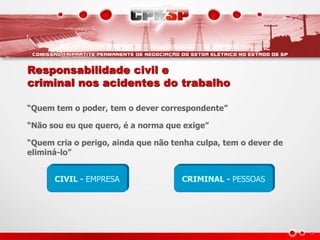 Responsabilidade civil e
criminal nos acidentes do trabalho
“Quem tem o poder, tem o dever correspondente”
“Não sou eu que quero, é a norma que exige”
“Quem cria o perigo, ainda que não tenha culpa, tem o dever de
eliminá-lo”
CIVIL - EMPRESA CRIMINAL - PESSOAS
 