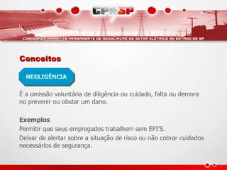 Conceitos
É a omissão voluntária de diligência ou cuidado, falta ou demora
no prevenir ou obstar um dano.
Exemplos
Permitir que seus empregados trabalhem sem EPI’S.
Deixar de alertar sobre a situação de risco ou não cobrar cuidados
necessários de segurança.
NEGLIGÊNCIA
 