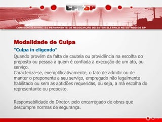 Modalidade de Culpa
“Culpa in eligendo”
Quando provém da falta de cautela ou providência na escolha do
preposto ou pessoa a quem é confiada a execução de um ato, ou
serviço.
Caracteriza-se, exemplificativamente, o fato de admitir ou de
manter o preponente a seu serviço, empregado não legalmente
habilitado ou sem as aptidões requeridas, ou seja, a má escolha do
representante ou preposto.
Responsabilidade do Diretor, pelo encarregado de obras que
descumpre normas de segurança.
 