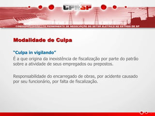 Modalidade de Culpa
“Culpa in vigilando”
É a que origina da inexistência de fiscalização por parte do patrão
sobre a atividade de seus empregados ou prepostos.
Responsabilidade do encarregado de obras, por acidente causado
por seu funcionário, por falta de fiscalização.
 
