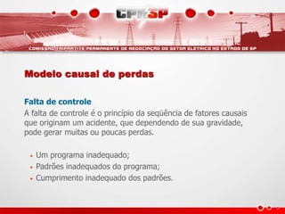 Modelo causal de perdas
Falta de controle
A falta de controle é o princípio da seqüência de fatores causais
que originam um acidente, que dependendo de sua gravidade,
pode gerar muitas ou poucas perdas.
• Um programa inadequado;
• Padrões inadequados do programa;
• Cumprimento inadequado dos padrões.
 